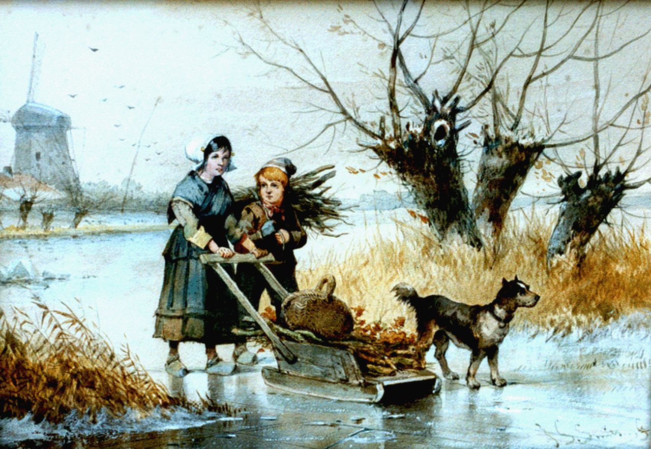 Smits J.G.  | Jan Gerard Smits, Gathering wood in winter, Aquarell auf Papier 22,9 x 32,7 cm, signed l.r.
