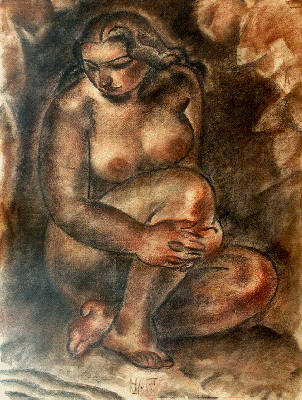Piggelen H.J. van | H.J. van Piggelen, Seated nude, Pastell auf Papier 613,0 x 47,0 cm, signed l.m.