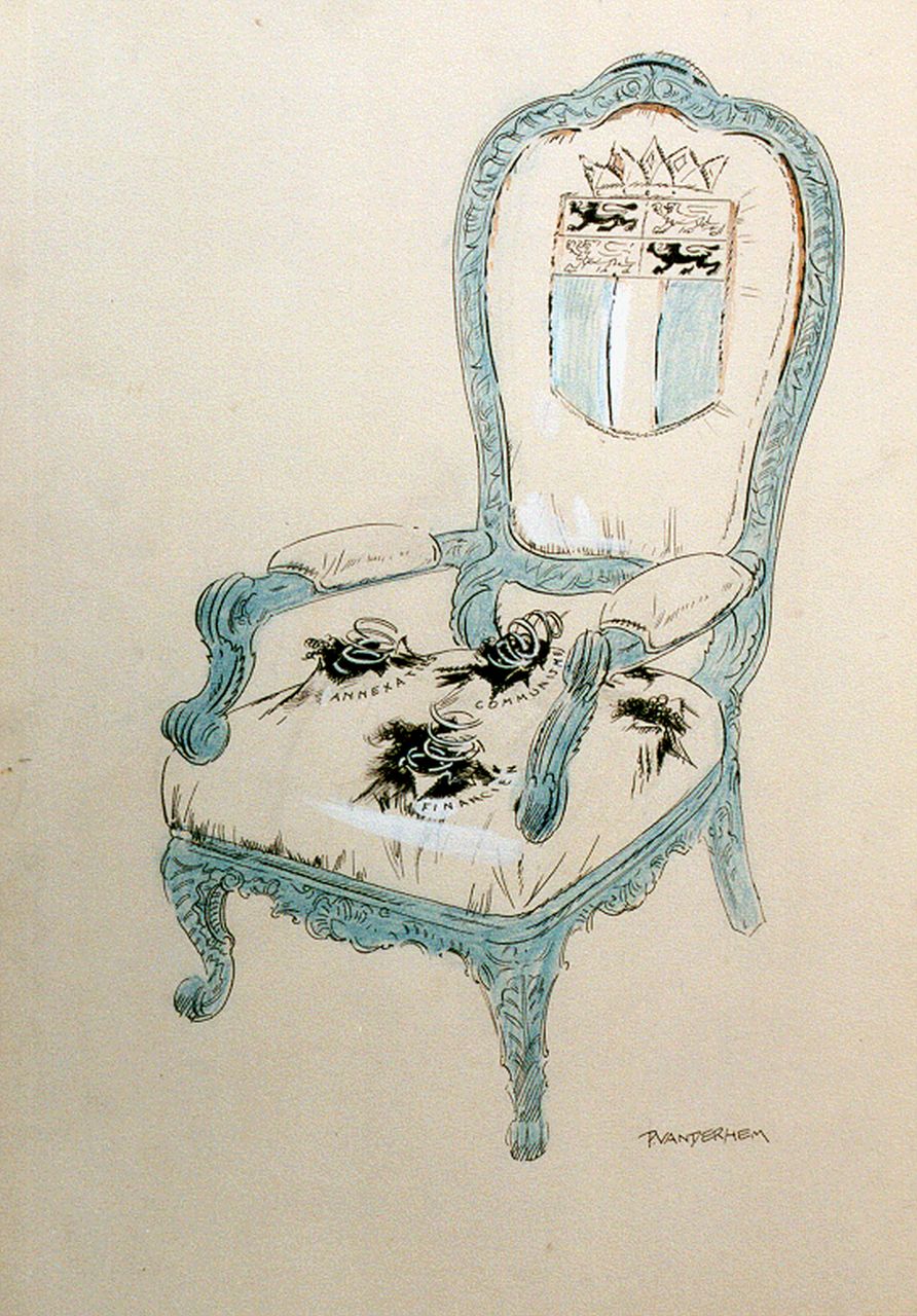 Hem P. van der | Pieter 'Piet' van der Hem, Throne of 'Annexation, Communism and Finance', Aquarell, Kreide und Tinte auf Papier 50,4 x 35,0 cm, signed l.r.