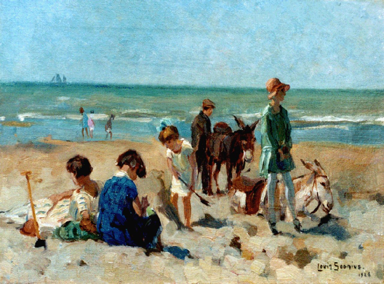 Soonius L.  | Lodewijk 'Louis' Soonius, Children and donkies on the beach, Öl auf Leinwand 30,0 x 40,1 cm, signed l.r. und dated 1926
