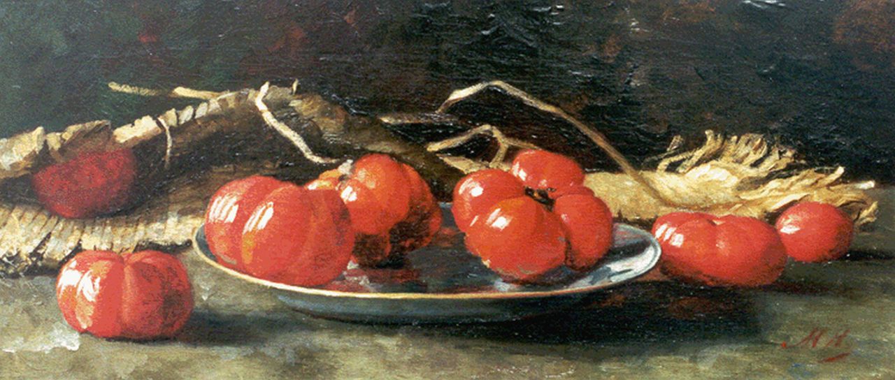Vlielander Hein M.J.M.  | Maria Johanna Magdalena 'Marie' Vlielander Hein, Still life with vine tomatoes, Öl auf Leinwand 25,8 x 58,1 cm, signed l.r. with initials