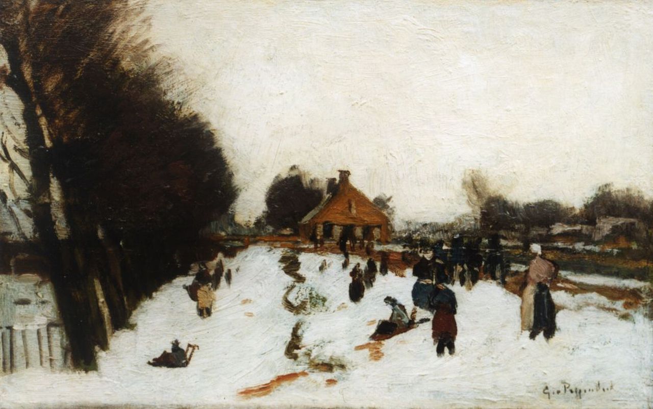 Poggenbeek G.J.H.  | George Jan Hendrik 'Geo' Poggenbeek, Having fun on the ice, Öl auf Leinwand Malereifaser 21,1 x 33,0 cm, signed l.r.