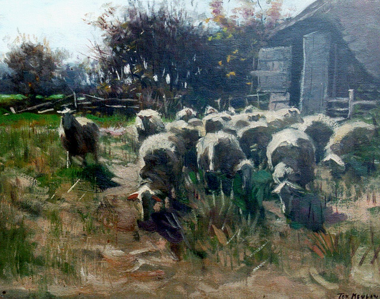 Meulen F.P. ter | François Pieter ter Meulen, A herd near a fold, Öl auf Leinwand Malereifaser 38,8 x 49,3 cm, signed l.r.