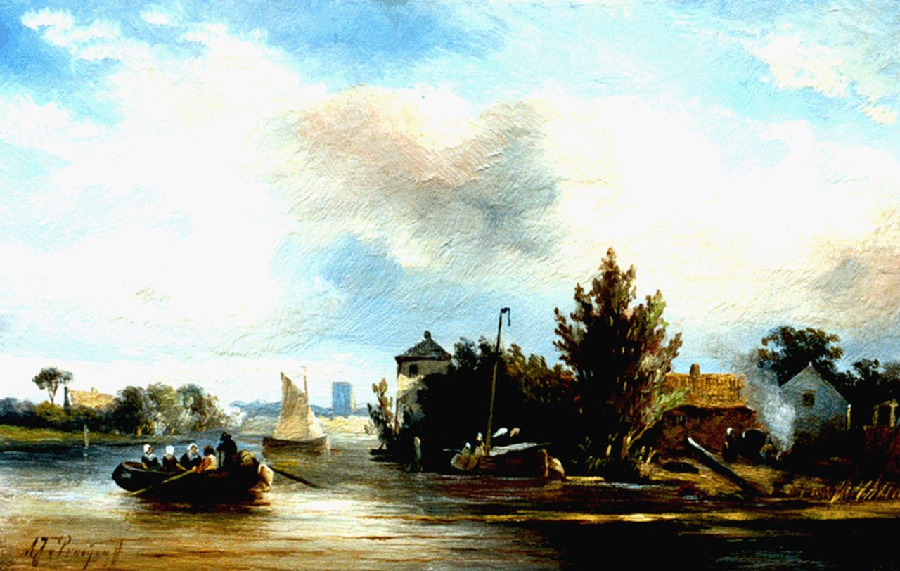 Prooijen A.J. van | Albert Jurardus van Prooijen, A ferry in a summer landscape, Öl auf Holz 17,7 x 27,6 cm, signed l.l.