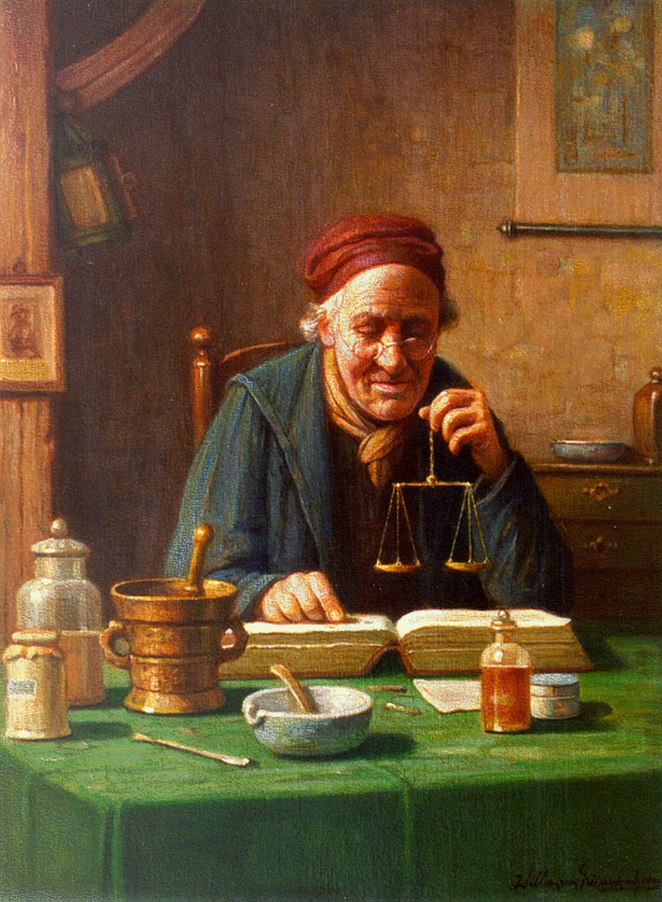 Nieuwenhoven W. van | Willem van Nieuwenhoven, The pharmacist, Öl auf Leinwand 40,3 x 30,2 cm, signed l.r.