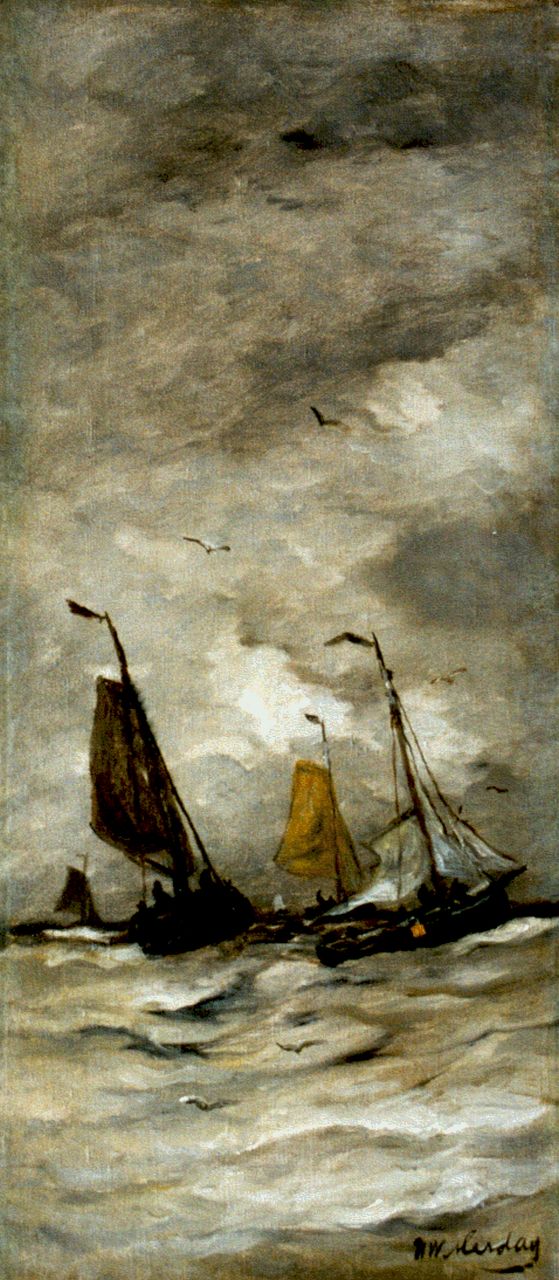 Mesdag H.W.  | Hendrik Willem Mesdag, Ships in full sail, Öl auf Leinwand 66,3 x 29,1 cm, signed l.r.