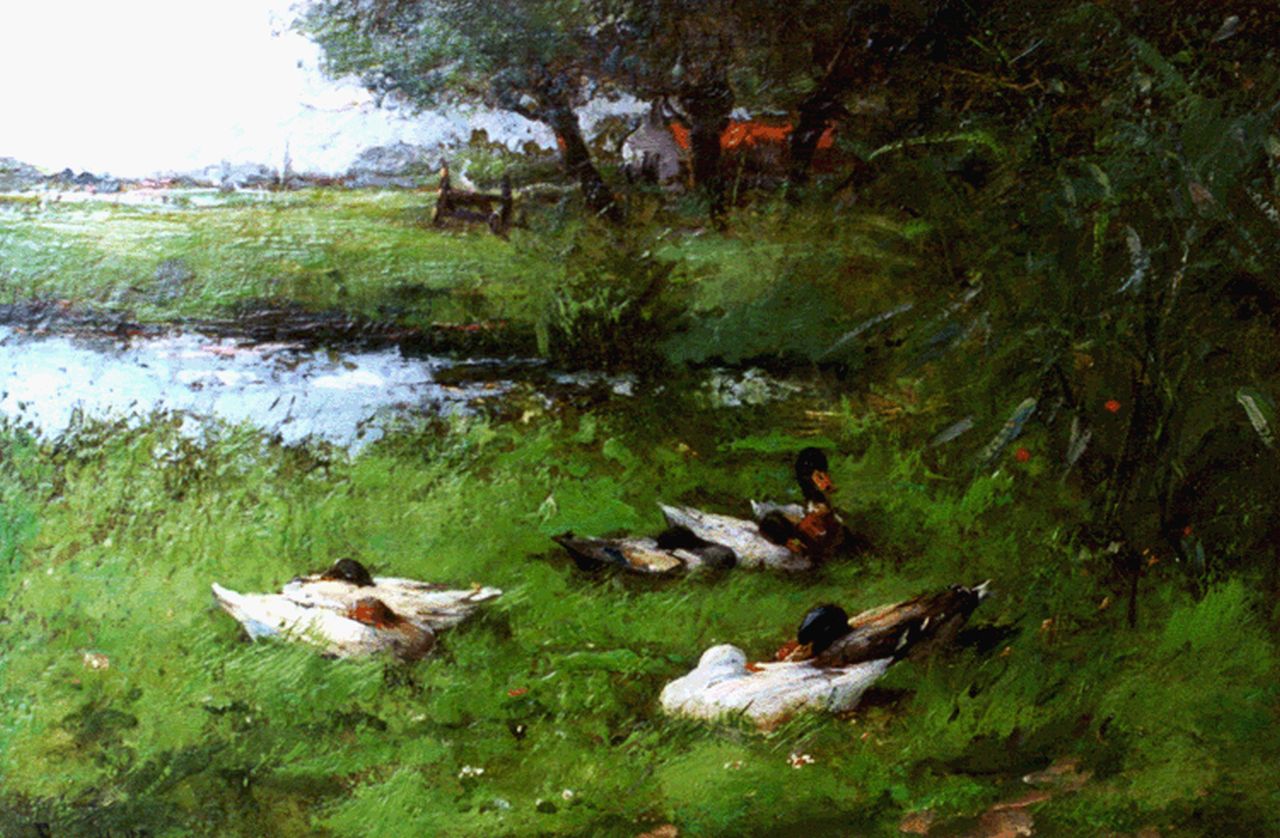 Helfferich F.W.  | Franciscus Willem 'Frans' Helfferich, Ducks by a pond, Öl auf Holz 18,7 x 27,1 cm, signed l.l.