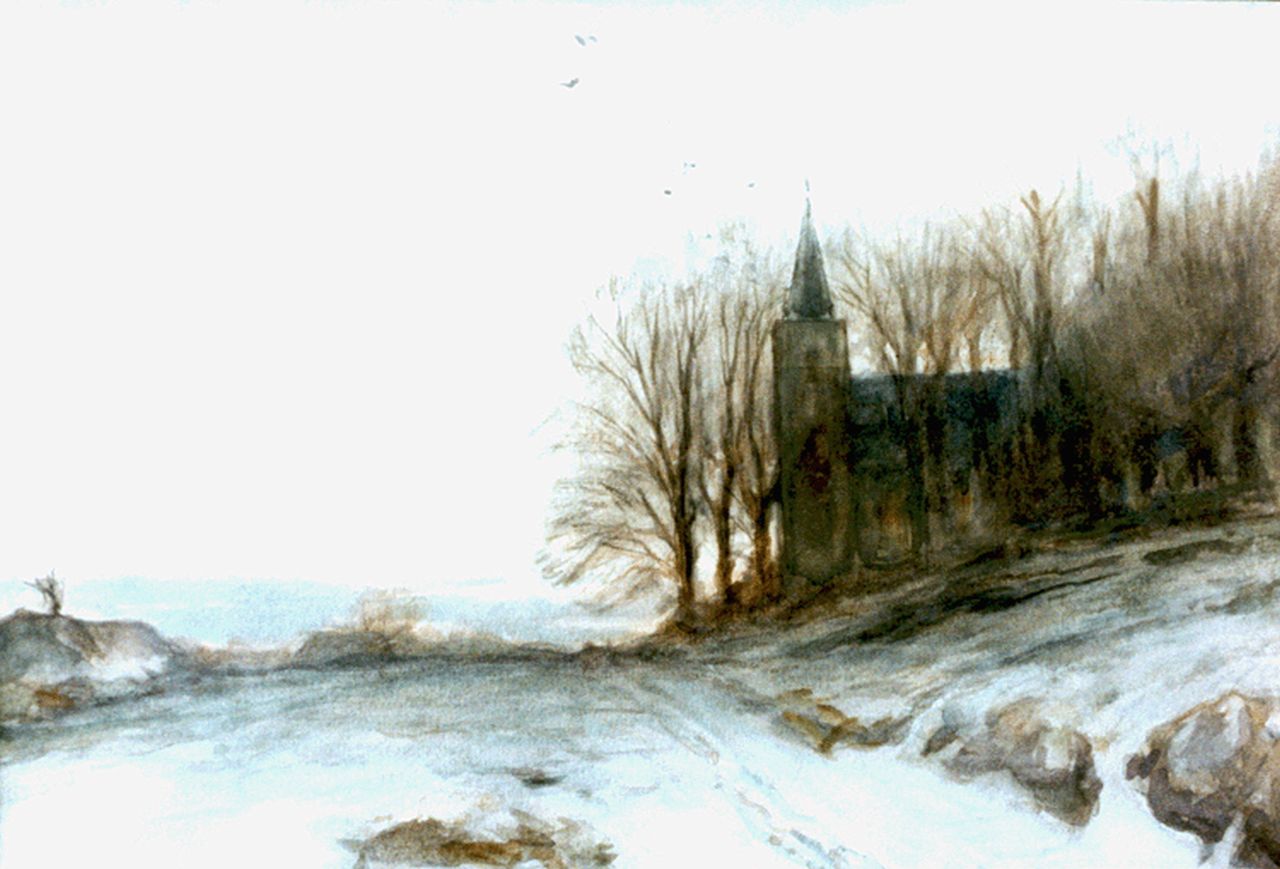 Apol L.F.H.  | Lodewijk Franciscus Hendrik 'Louis' Apol, A church in a winter landscape, Aquarell auf Papier 24,0 x 34,5 cm, signed l.l.