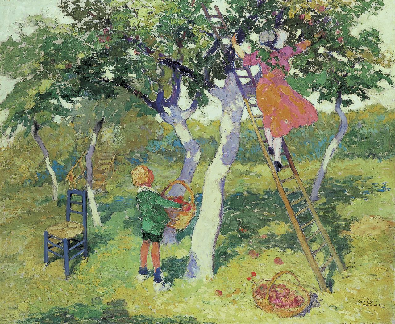Dumoulin R.  | Roméo Dumoulin, Picking apples, Öl auf Leinwand 70,5 x 85,3 cm, signed l.r.