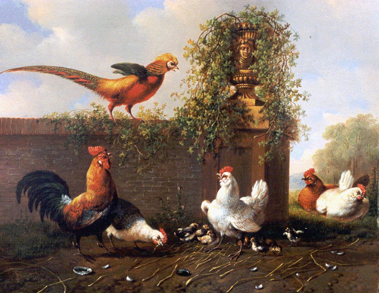 Verhoesen A.  | Albertus Verhoesen, Poultry in a classical landscape, Öl auf Holz 20,8 x 25,9 cm, signed l.l. und dated 1857
