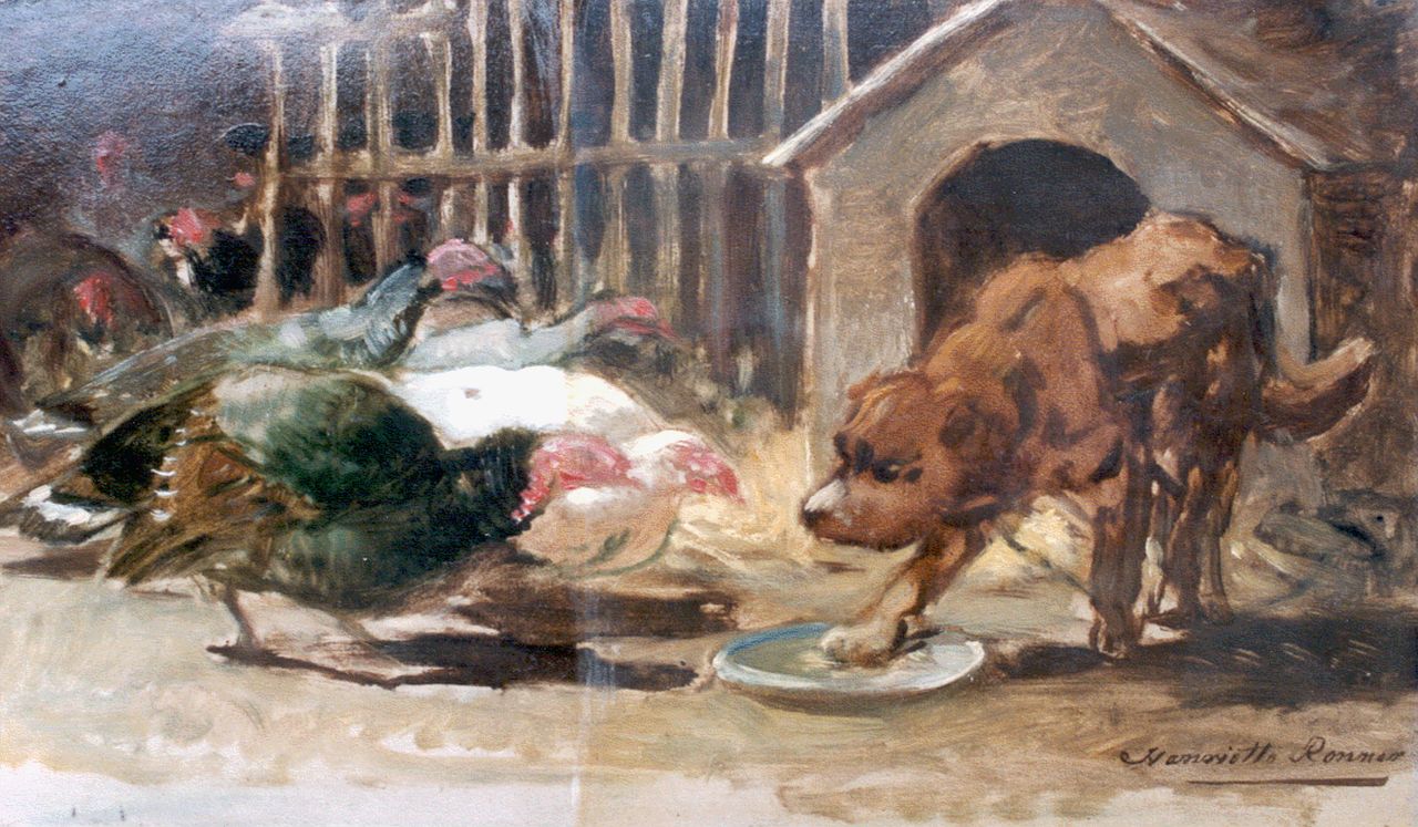 Ronner-Knip H.  | Henriette Ronner-Knip, A dog defending his meal, Papier auf Holz 24,5 x 41,7 cm, signed l.r.