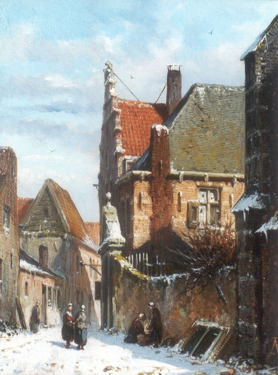 Eversen A.  | Adrianus Eversen, A snow-covered town (counterpart of inventory number 7313), Öl auf Holz 19,1 x 14,7 cm, signed l.r. with monogram