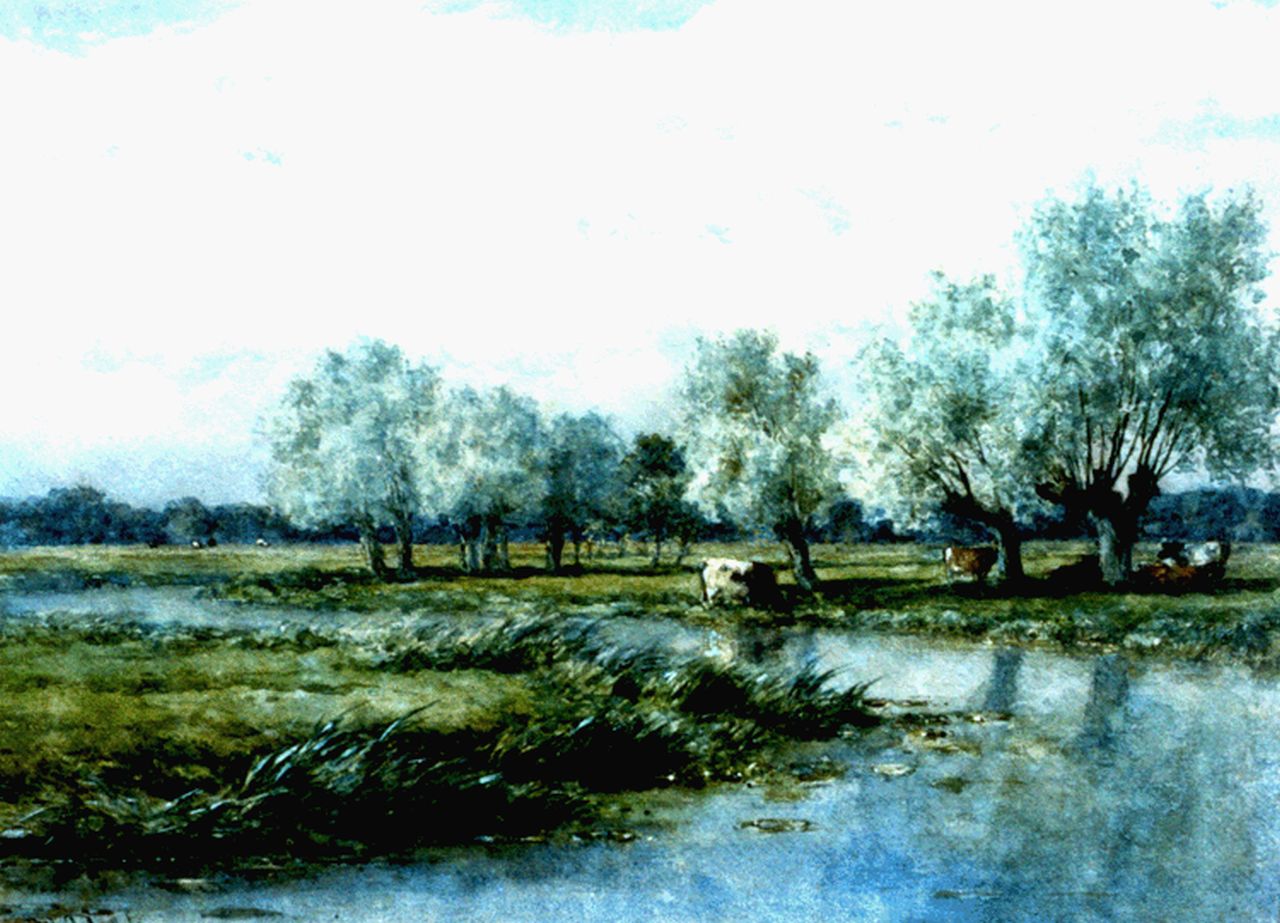 Roelofs W.  | Willem Roelofs, Cows in a polder landscape, Aquarell auf Papier 36,3 x 49,7 cm, signed l.l.