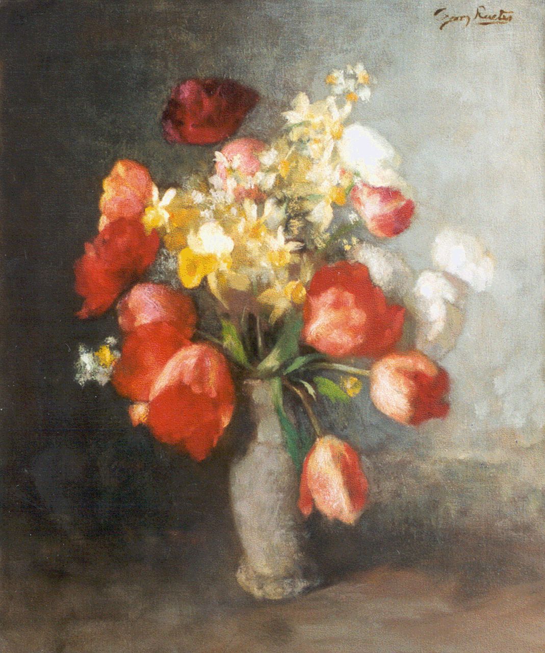 Rueter W.C.G.  | Wilhelm Christian 'Georg' Rueter, A still life with tulips and daffodils, Öl auf Leinwand 59,5 x 51,0 cm, signed u.r.