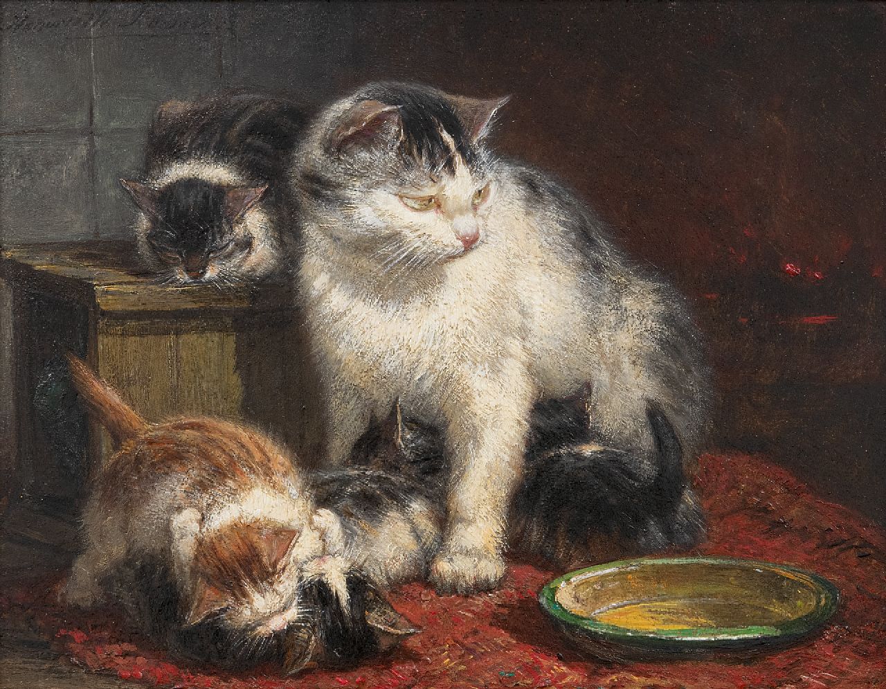 Ronner-Knip H.  | Henriette Ronner-Knip, A watchful mother, Öl auf Holz 16,1 x 20,3 cm, signed u.l.