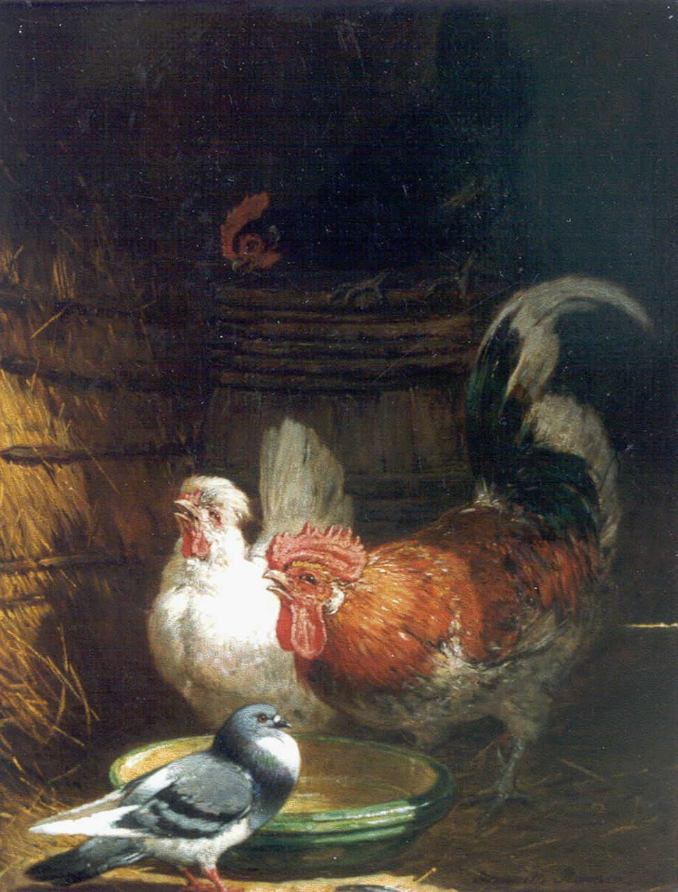 Ronner-Knip H.  | Henriette Ronner-Knip, A stable interior with poultry, Öl auf Holz 40,1 x 31,4 cm, signed l.r.