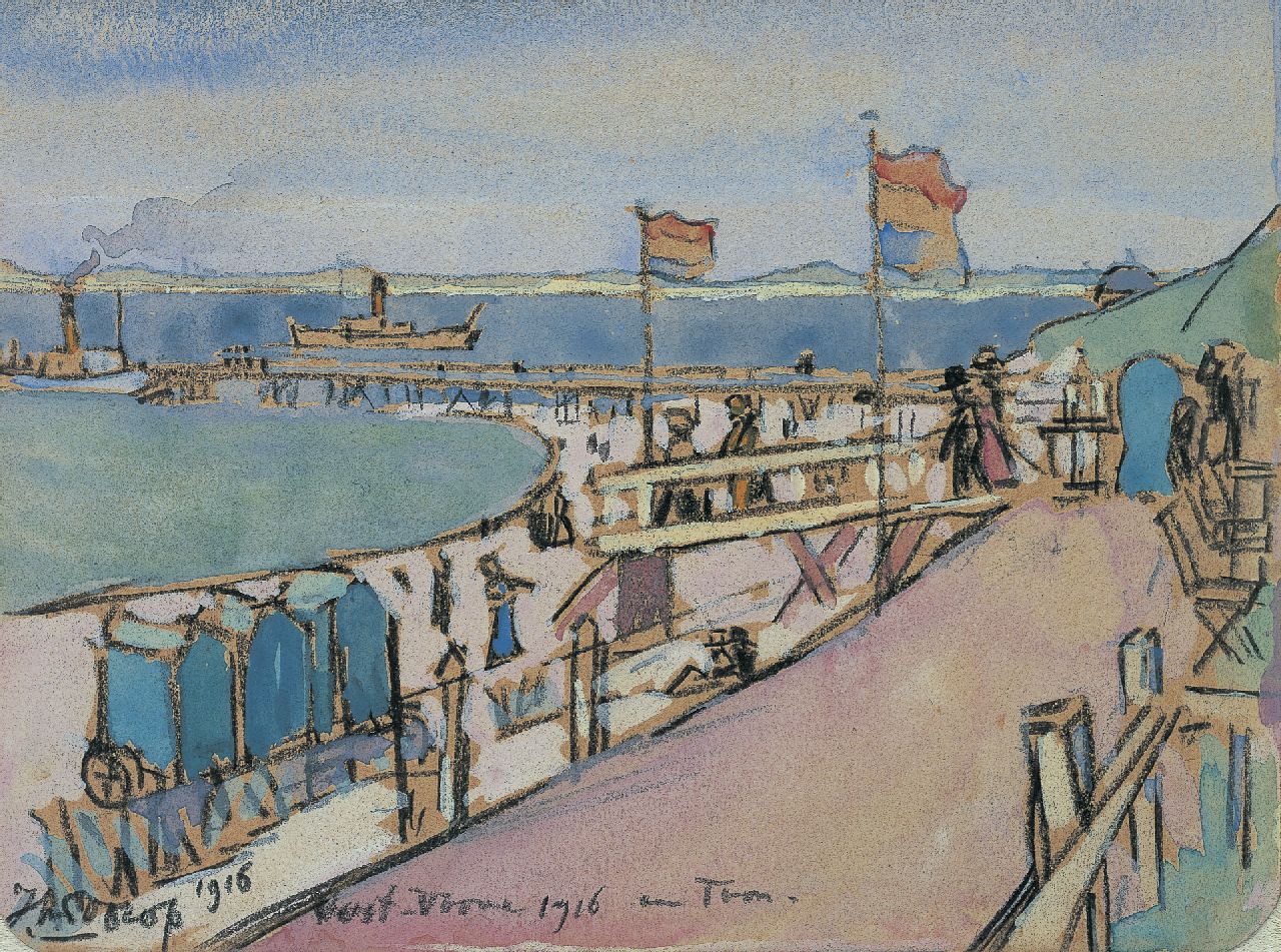 Toorop J.Th.  | Johannes Theodorus 'Jan' Toorop, A Beach, Oost-Voorne, Schwarze Kreide und Aquarell auf Papier 10,9 x 14,7 cm, Unterzeichnet l.u. und datiert 1916