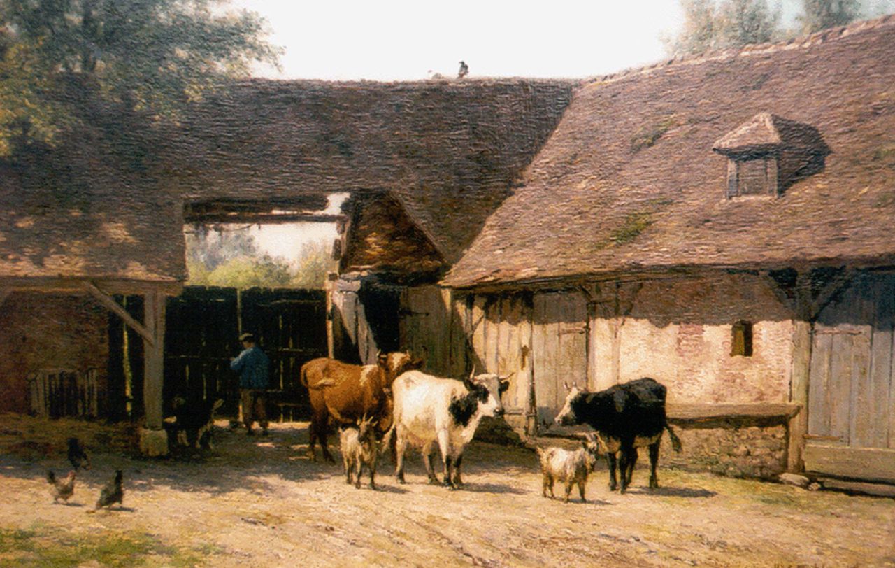 Nakken W.K.  | Willem Karel 'W.C.' Nakken, A farmstead with cattle, Öl auf Leinwand Malereifaser 35,0 x 54,9 cm, signed l.r.