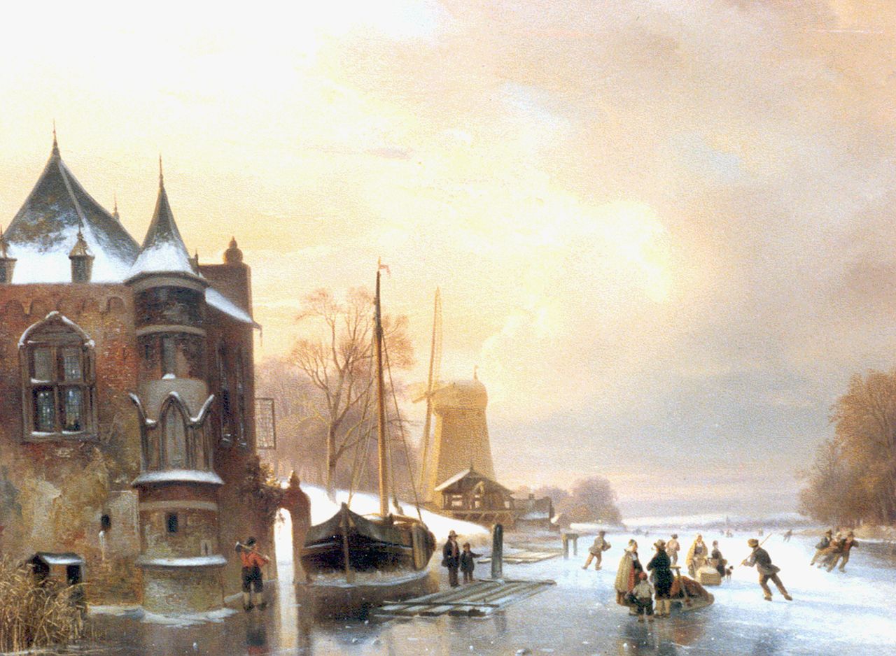 Roosenboom N.J.  | Nicolaas Johannes Roosenboom, A winter landscape with skaters on the ice, Öl auf Holz 49,5 x 63,0 cm, signed l.l.