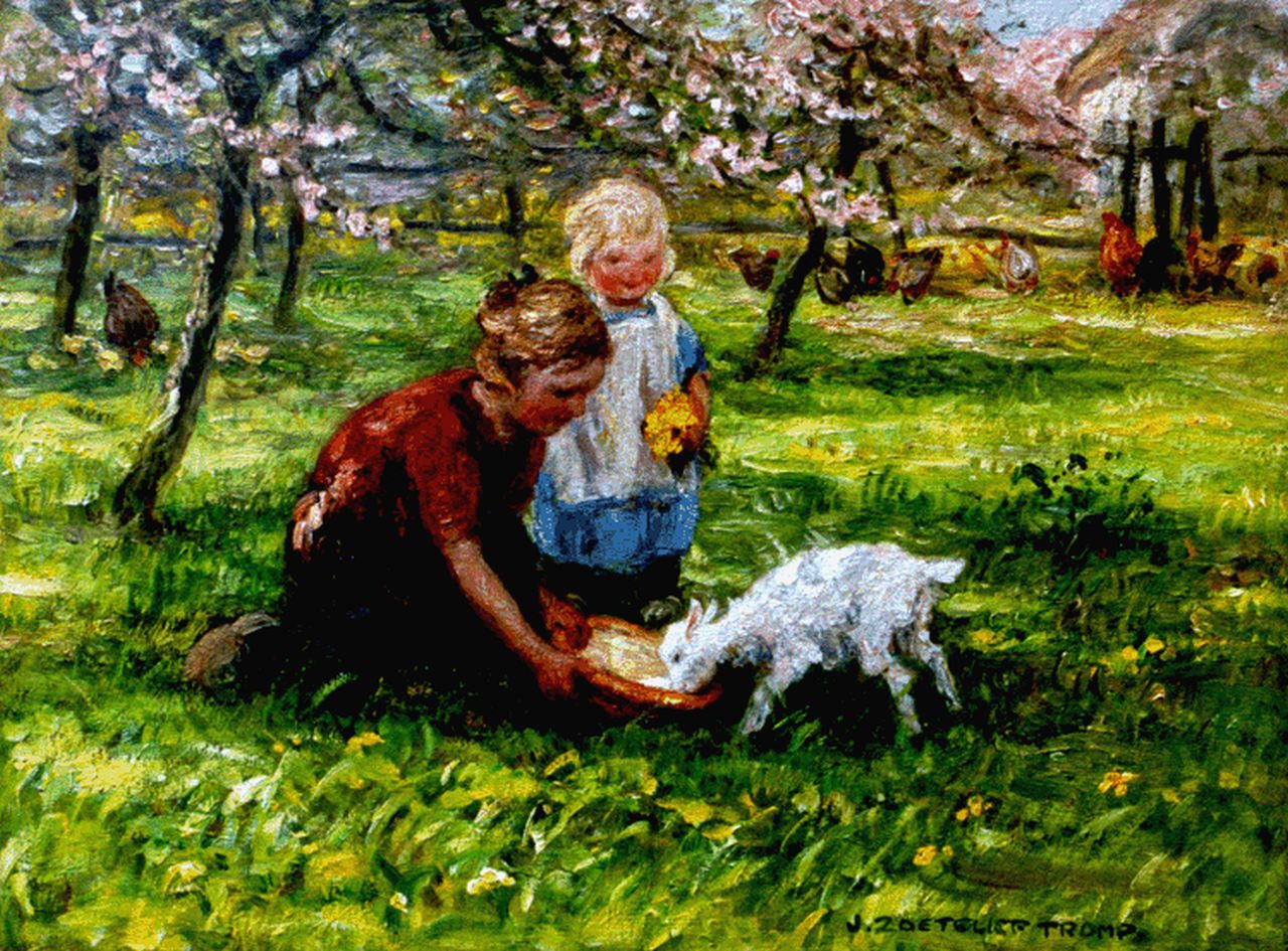 Zoetelief Tromp J.  | Johannes 'Jan' Zoetelief Tromp, Children feeding a goat, Blaricum, Öl auf Leinwand 30,0 x 40,0 cm, signed l.r. and on the reverse