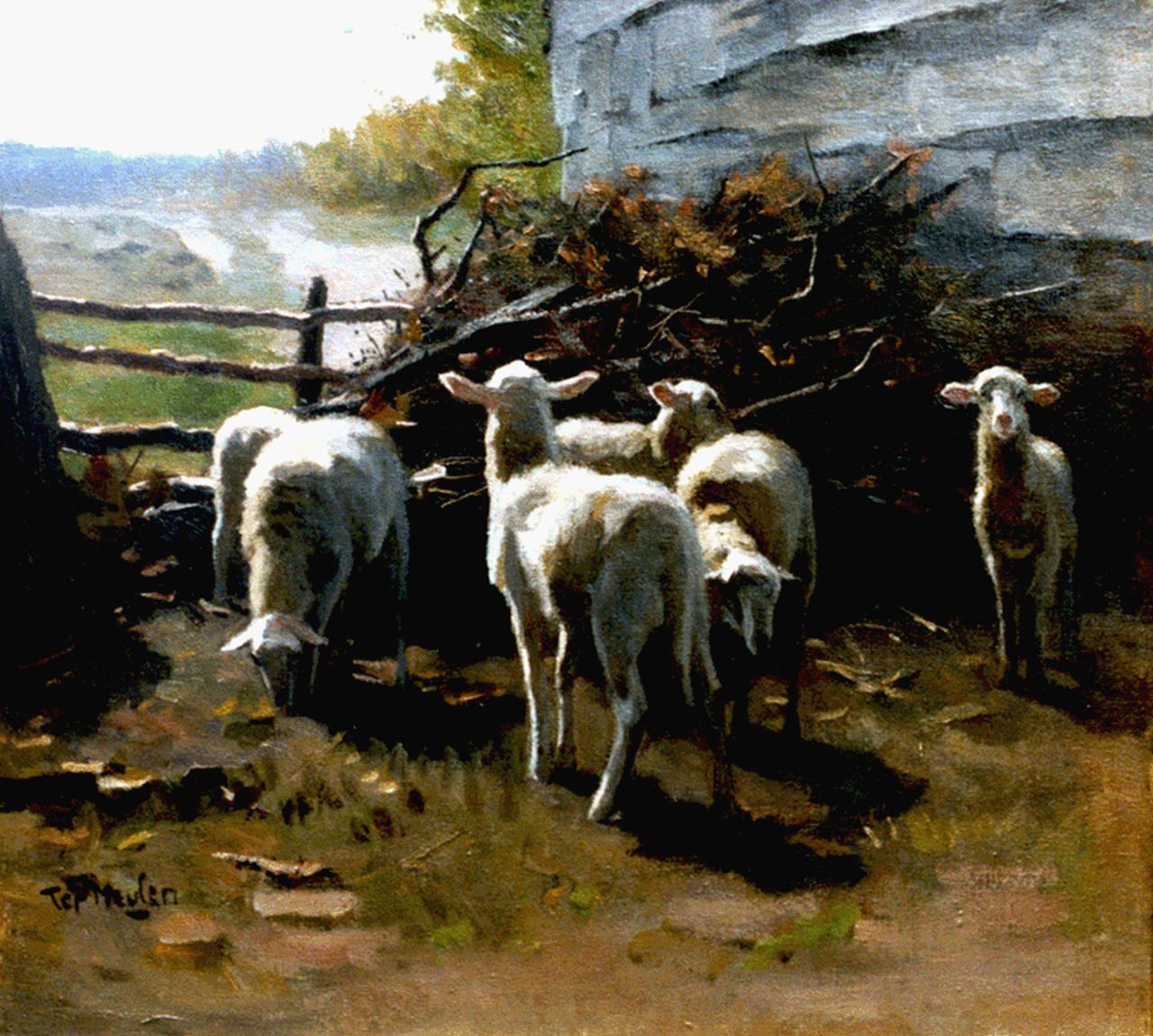 Meulen F.P. ter | François Pieter ter Meulen, Lambs by a barn, Öl auf Leinwand 43,4 x 47,7 cm, signed l.l.