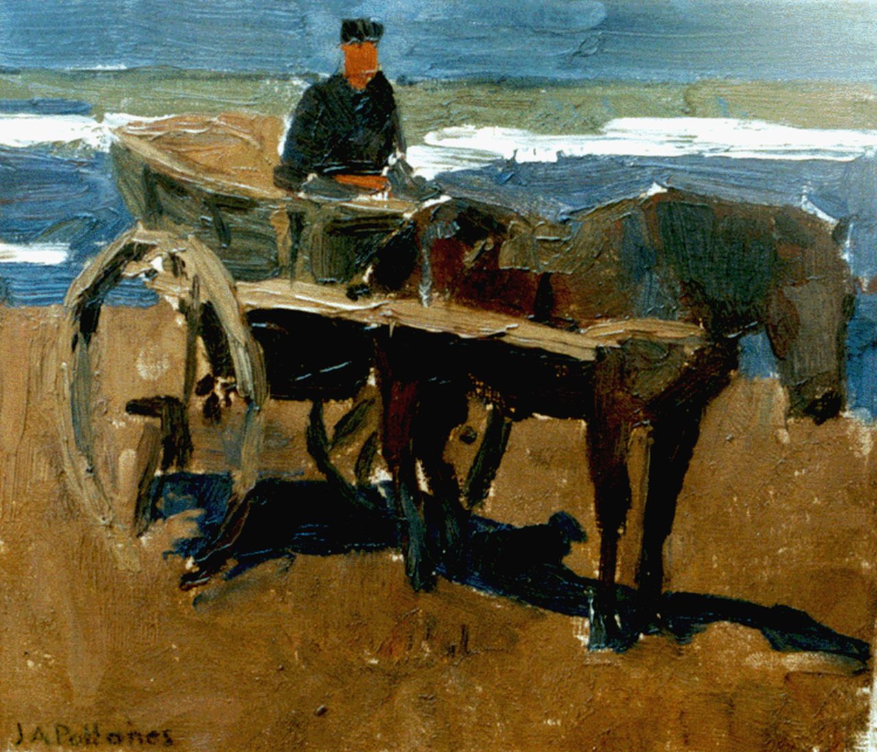 Pollones J.A.  | Jean Albert Pollones, Horsedrawn cart on the beach, Öl auf Leinwand 27,4 x 31,4 cm, signed l.l.