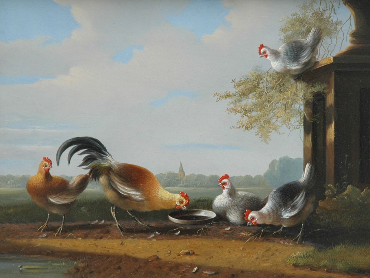 Verhoesen A.  | Albertus Verhoesen, Chicken near a garden vase, Öl auf Holz 24,3 x 31,3 cm, signed l.l. und painted 1850