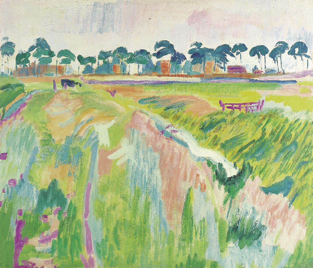 Altink J.  | Jan Altink, A landscape, Groningen, recto and verso, Wachsfarbe auf Leinwand 51,5 x 60,2 cm, zu datieren 1926