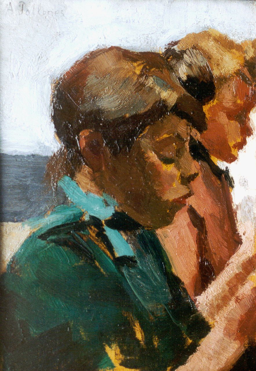 Pollones J.A.  | Jean Albert Pollones, Two girls at work, Öl auf Holz 21,8 x 15,6 cm, signed u.l.