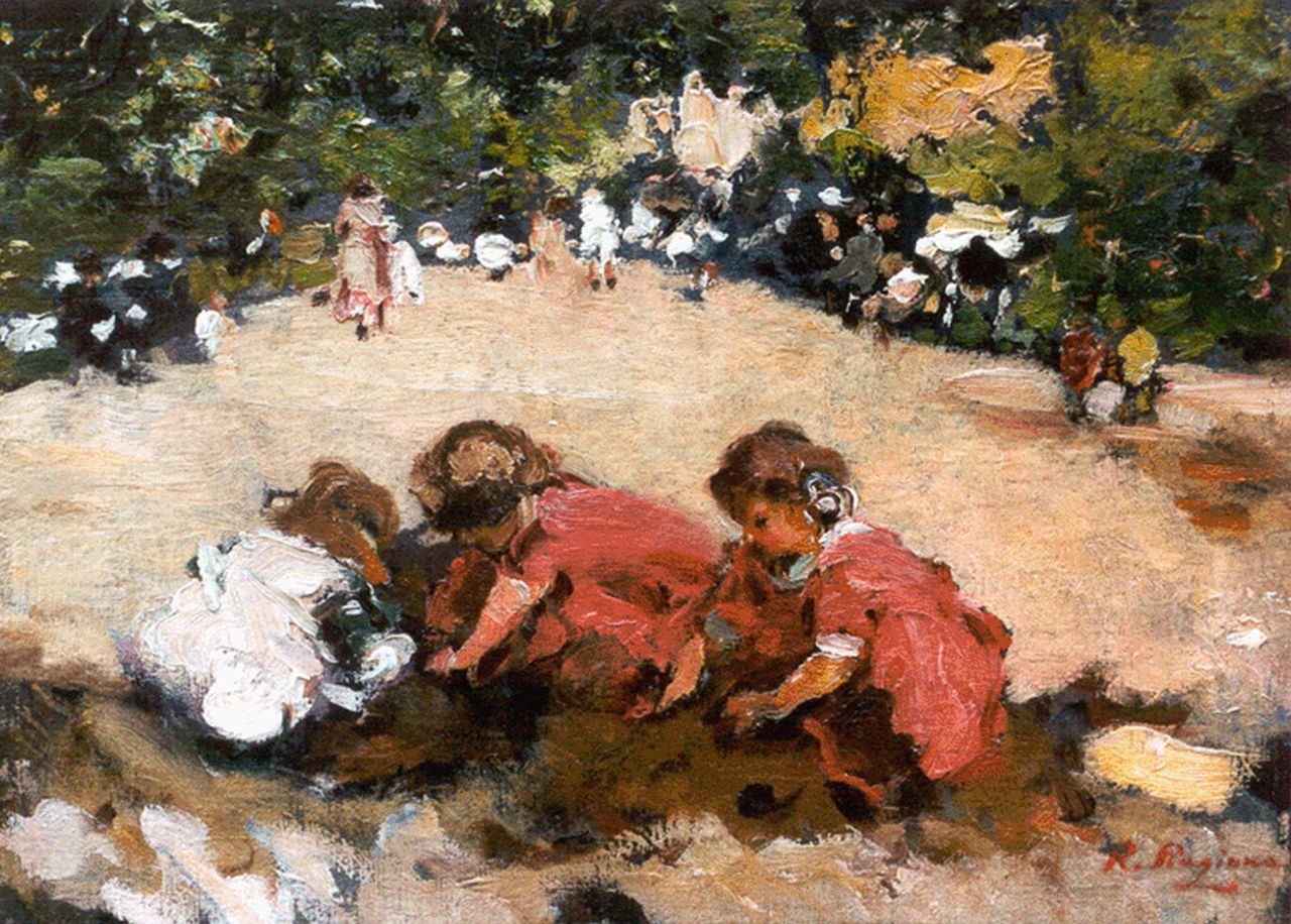 Ragione R.  | Raffaele Ragione, Children playing in a park, 27,0 x 36,0 cm, signed l.r.