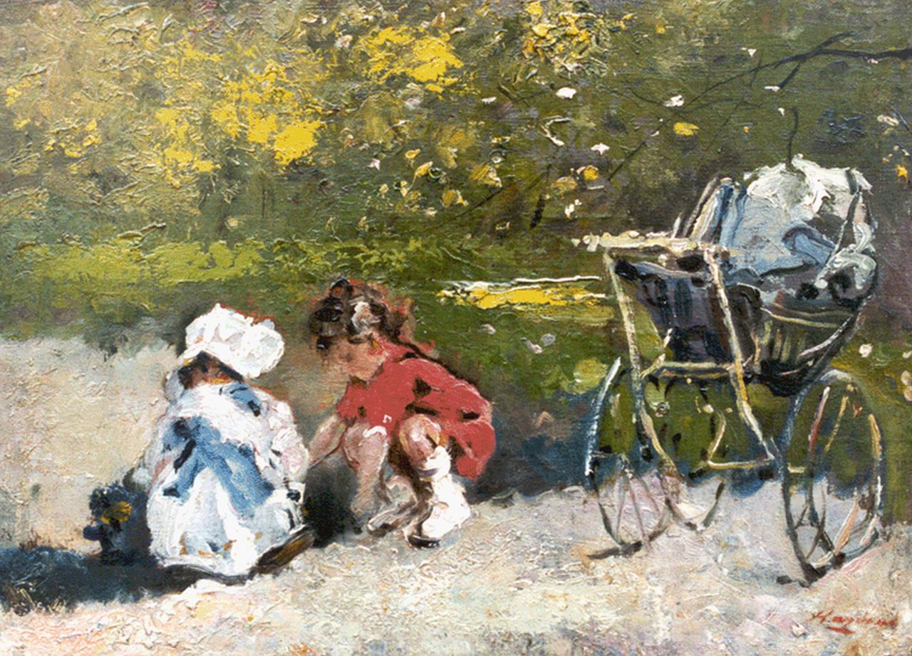 Ragione R.  | Raffaele Ragione, Children playing in a park, Öl auf Leinwand 29,0 x 39,7 cm, signed l.r.