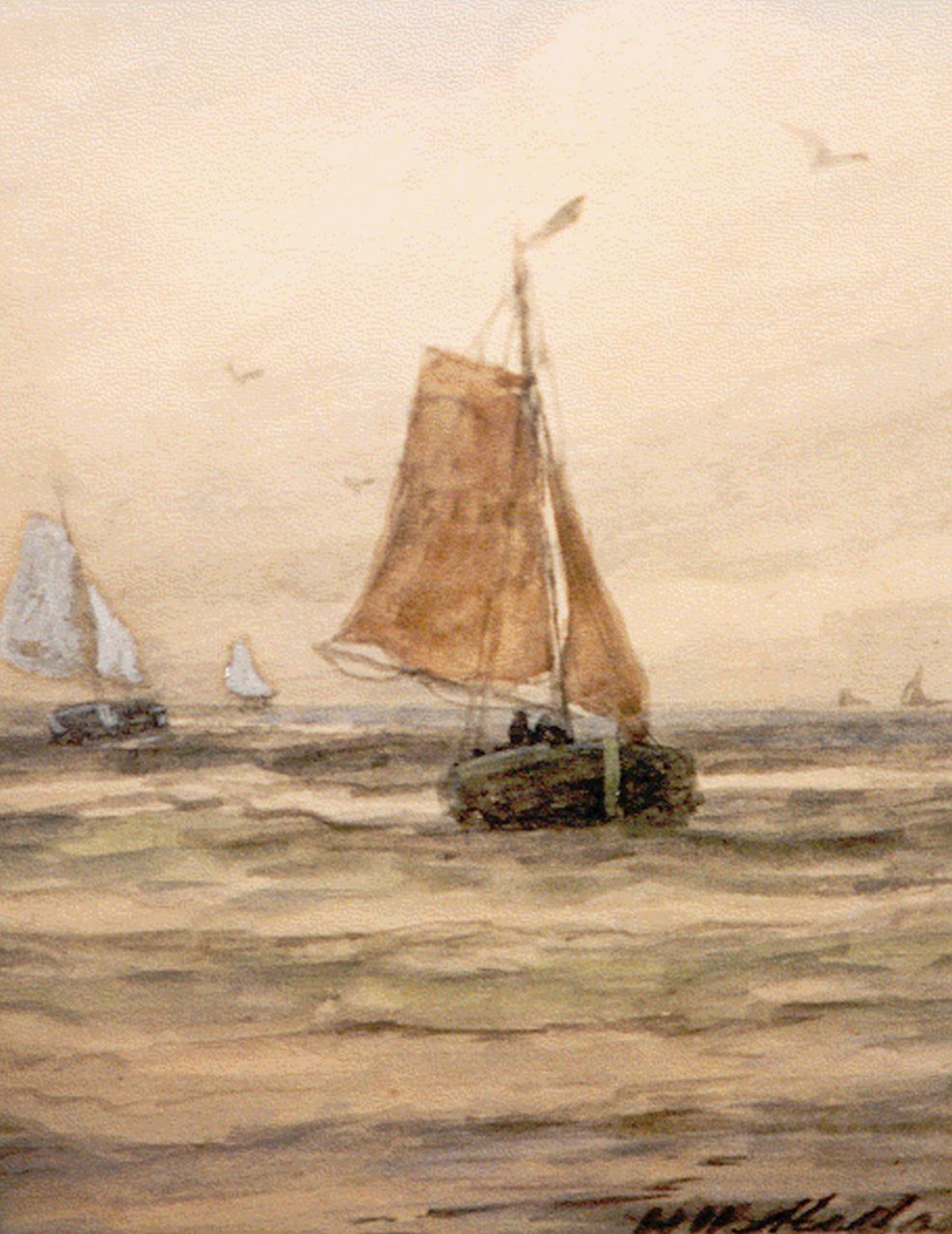 Mesdag H.W.  | Hendrik Willem Mesdag, 'Bomschuiten' in full sail, Aquarell auf Papier 18,3 x 13,0 cm, signed l.r.