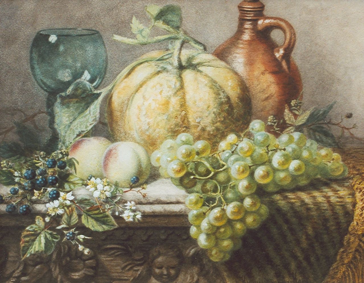 Haas C.P.H. van der | Charlotte Petronella 'Hermina' van der Haas, Still life with fruit and a rummer, Aquarell auf Papier 39,1 x 48,8 cm, signed l.r.