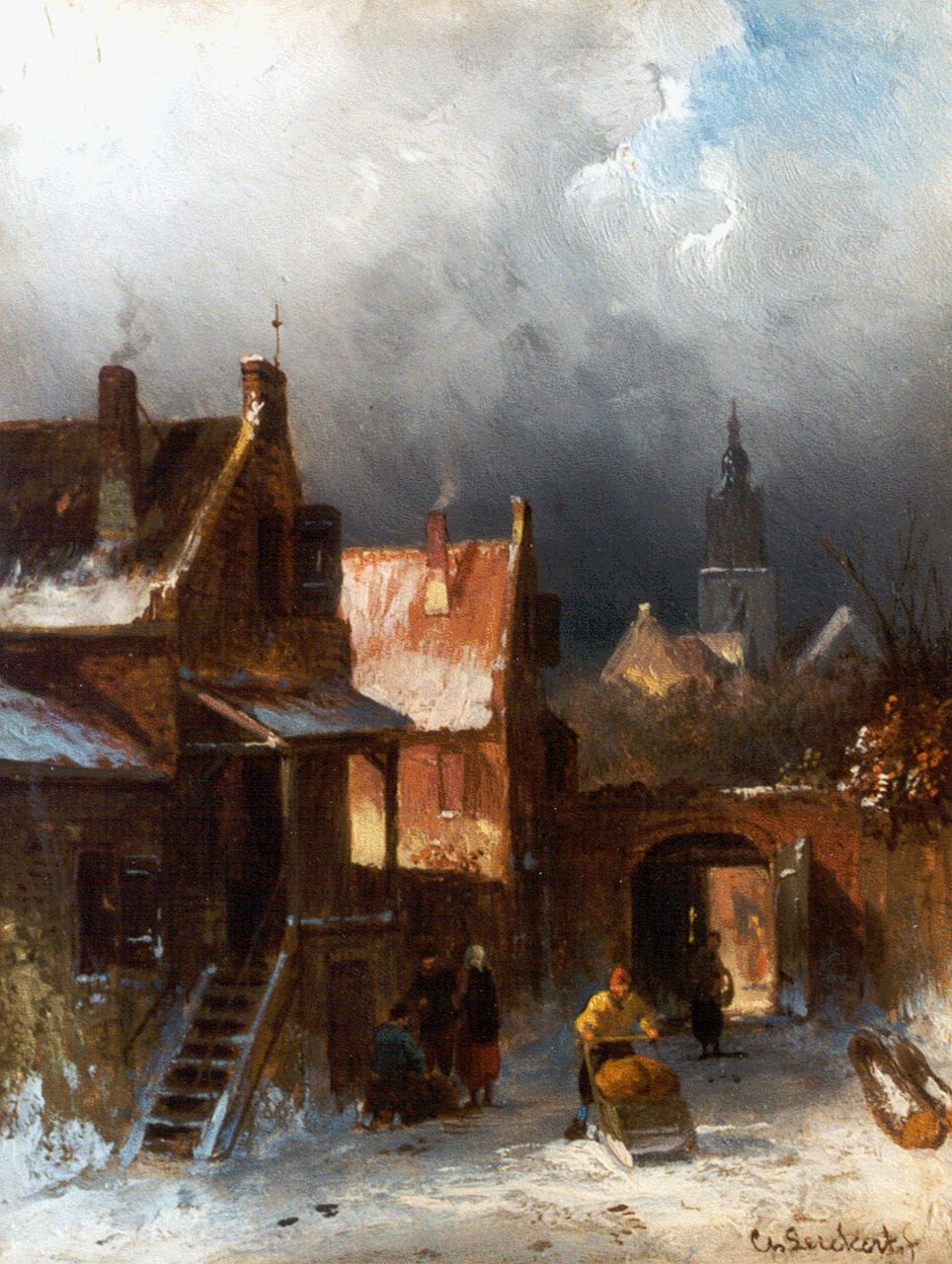 Leickert C.H.J.  | 'Charles' Henri Joseph Leickert, A snow-covered town, Öl auf Holz 20,6 x 15,7 cm, signed l.r.