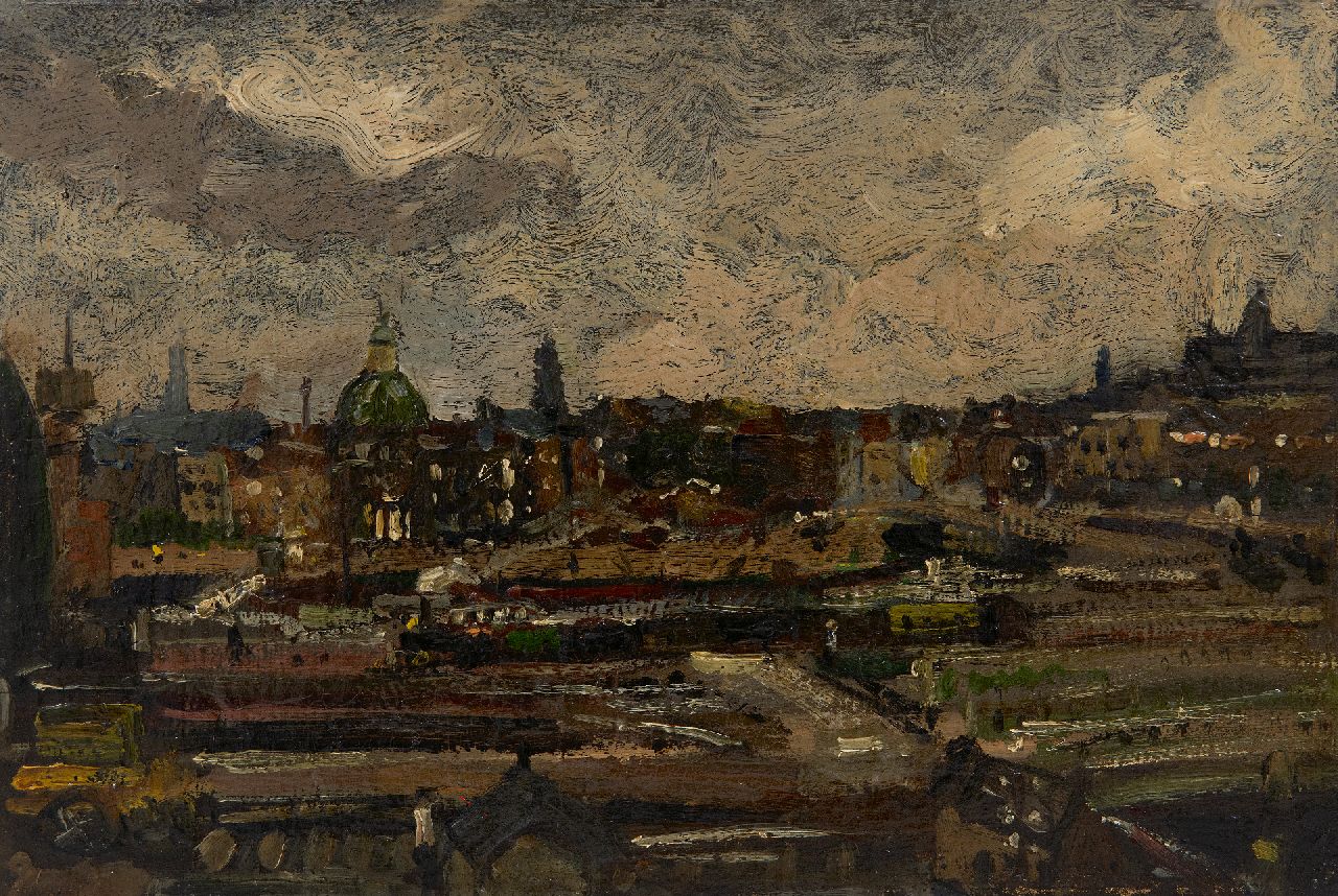 Fritzlin M.C.L.  | Maria Charlotta 'Louise' Fritzlin | Gemälde zum Verkauf angeboten | Blick auf Amsterdamer Centraal Station, Öl auf Holz 20,6 x 29,5 cm