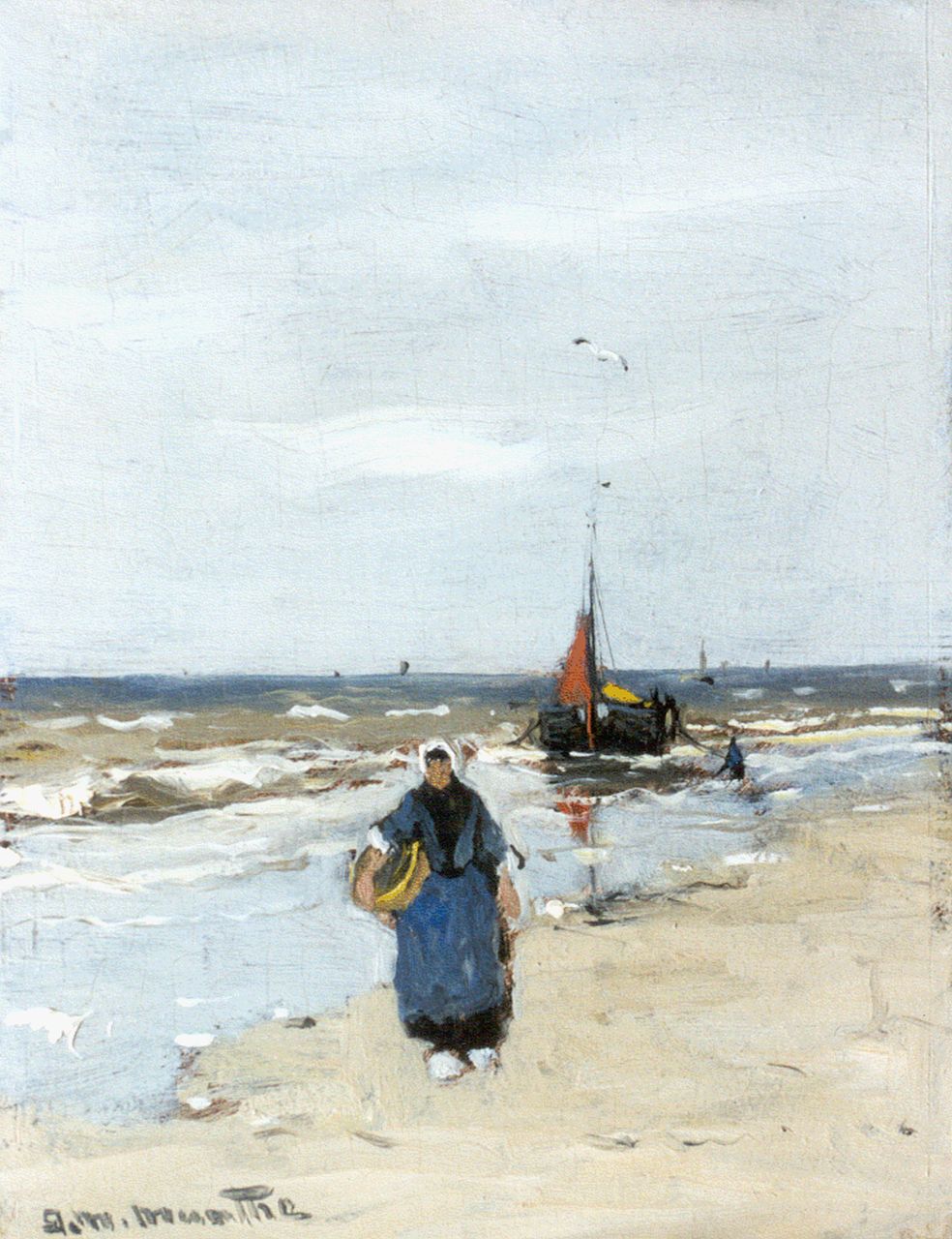 Munthe G.A.L.  | Gerhard Arij Ludwig 'Morgenstjerne' Munthe, Fisherwoman on the beach of Katwijk, Öl auf Malerpappe 21,0 x 16,0 cm, signed l.l.