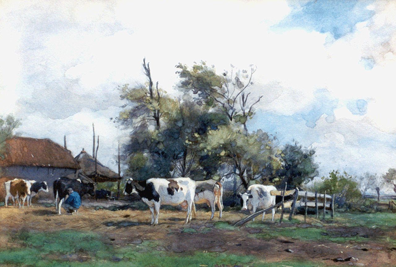 Groenewegen A.J.  | Adrianus Johannes Groenewegen, Milking the cows, Aquarell auf Papier 25,7 x 36,0 cm, signed l.l.
