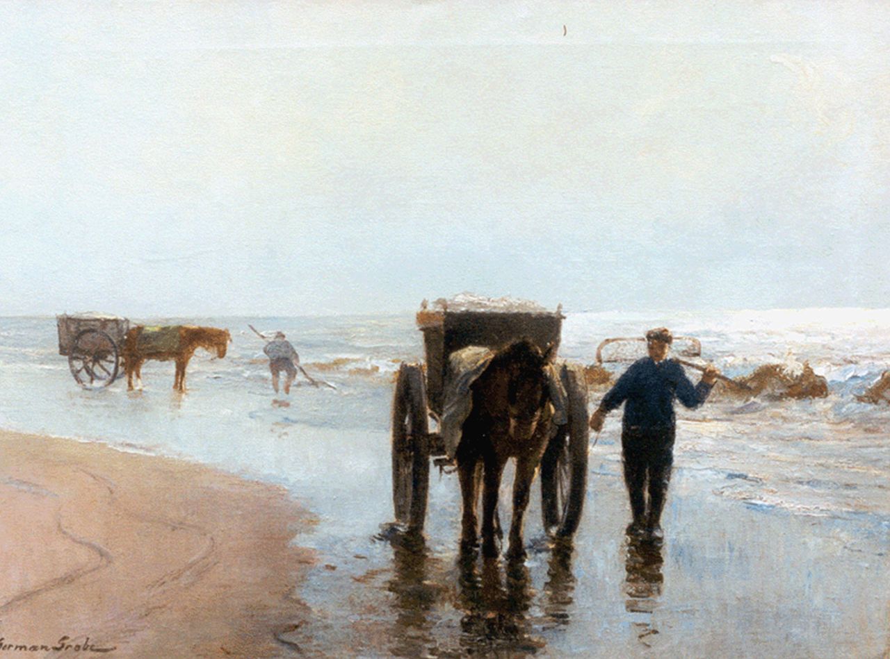 Grobe P.G.  | Philipp 'German' Grobe, Shell-gatherers on the beach of Katwijk, Öl auf Leinwand 55,9 x 74,6 cm, signed l.l.
