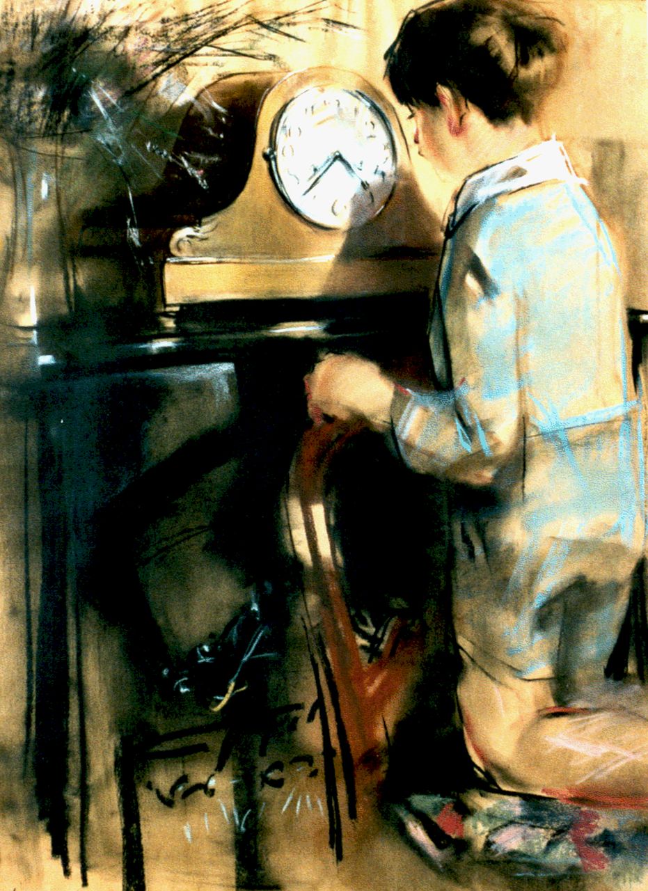 Meegeren H.A. van | Henricus Antonius 'Han' van Meegeren, A boy by a clock, Pastell und schwarze Kreide auf Papier 63,9 x 48,0 cm, signed l.l. und dated '14