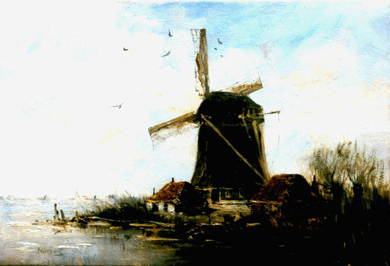Smith H.  | Hobbe Smith, A windmill in a polder landscape, Öl auf Leinwand 21,3 x 31,8 cm, signed l.l.