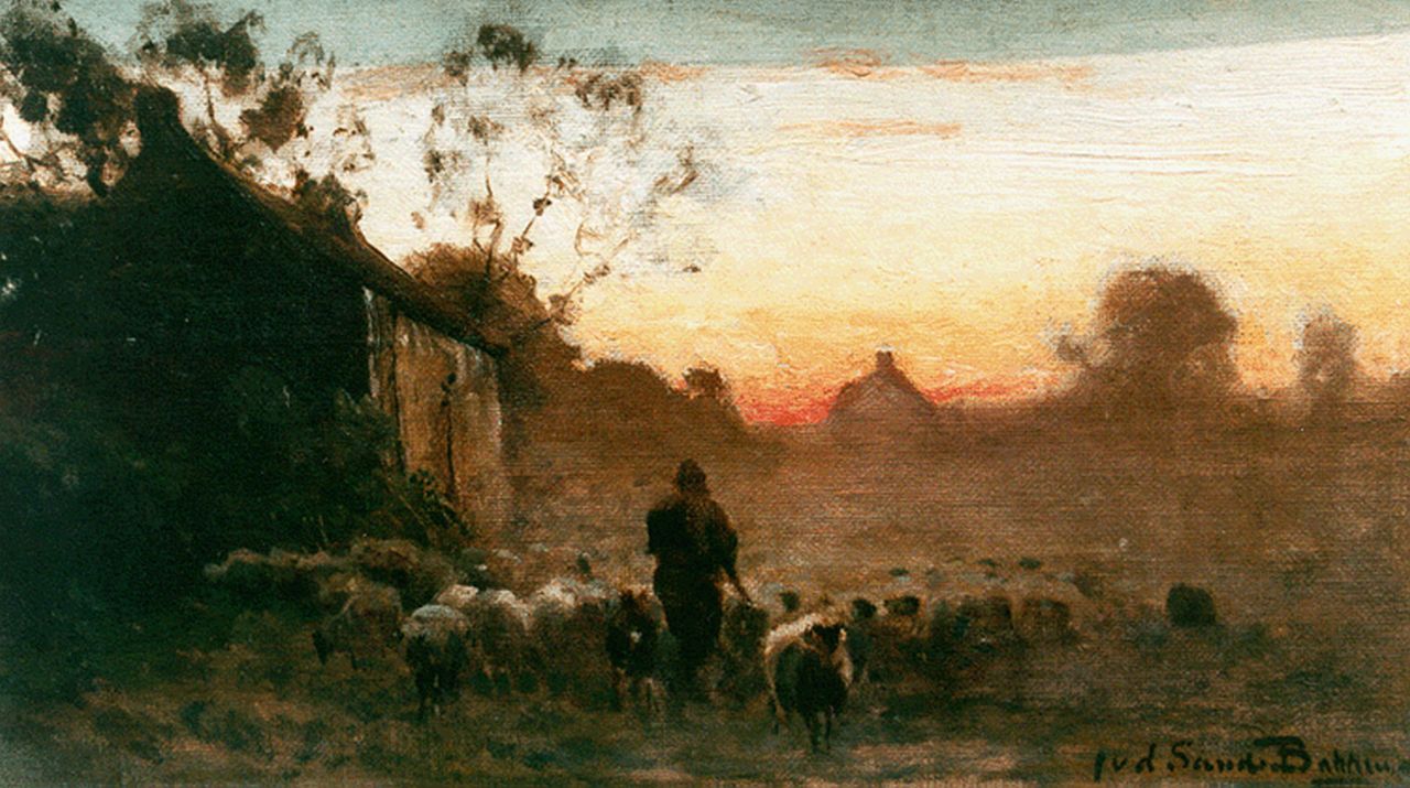 Sande Bakhuyzen J.J. van de | Julius Jacobus van de Sande Bakhuyzen, A shepherd with his flock, Öl auf Leinwand auf Holz 22,2 x 38,3 cm, signed l.r.