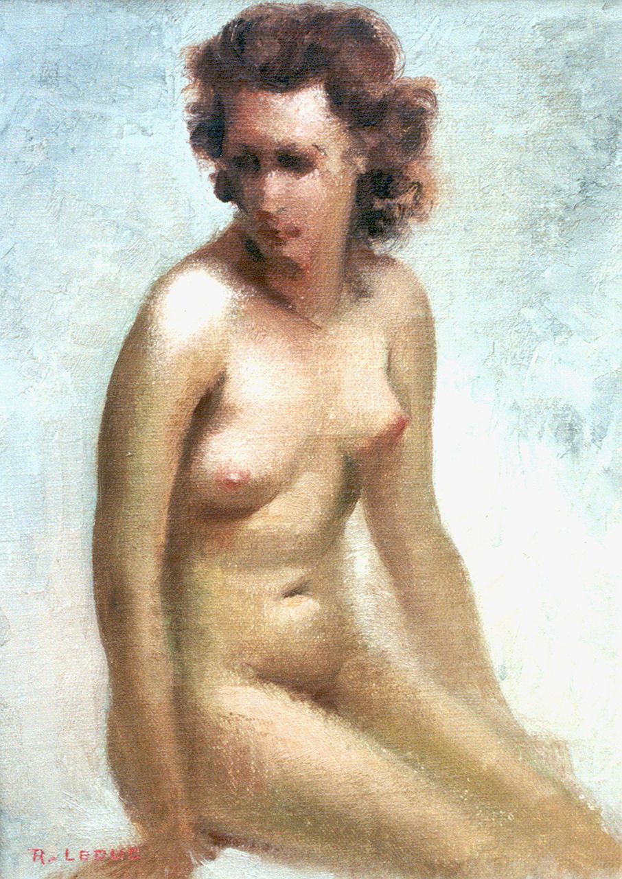 Leduc R.  | René Leduc, A seated nude, Öl auf Leinwand Malereifaser 30,0 x 22,0 cm, signed l.l.