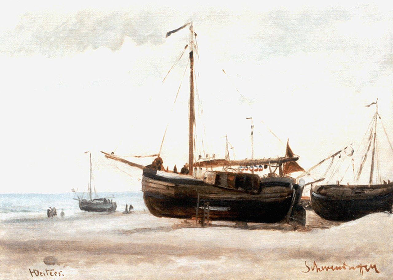 Deiters H.  | Heinrich Deiters, Fishing boats on the beach of Scheveningen, Öl auf Malereifaser auf Holz 30,0 x 41,0 cm, signed l.l.