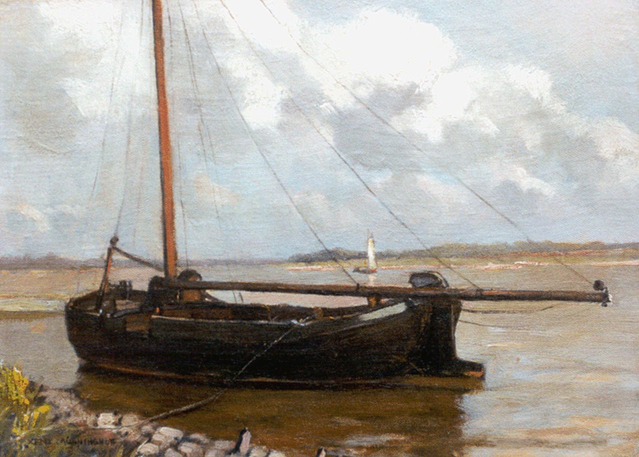 Münninghoff X.A.F.L.  | 'Xeno' Augustus Franciscus Ludovicus Münninghoff, A moored flatboat, Öl auf Leinwand Malereifaser 21,4 x 29,4 cm, signed l.l.