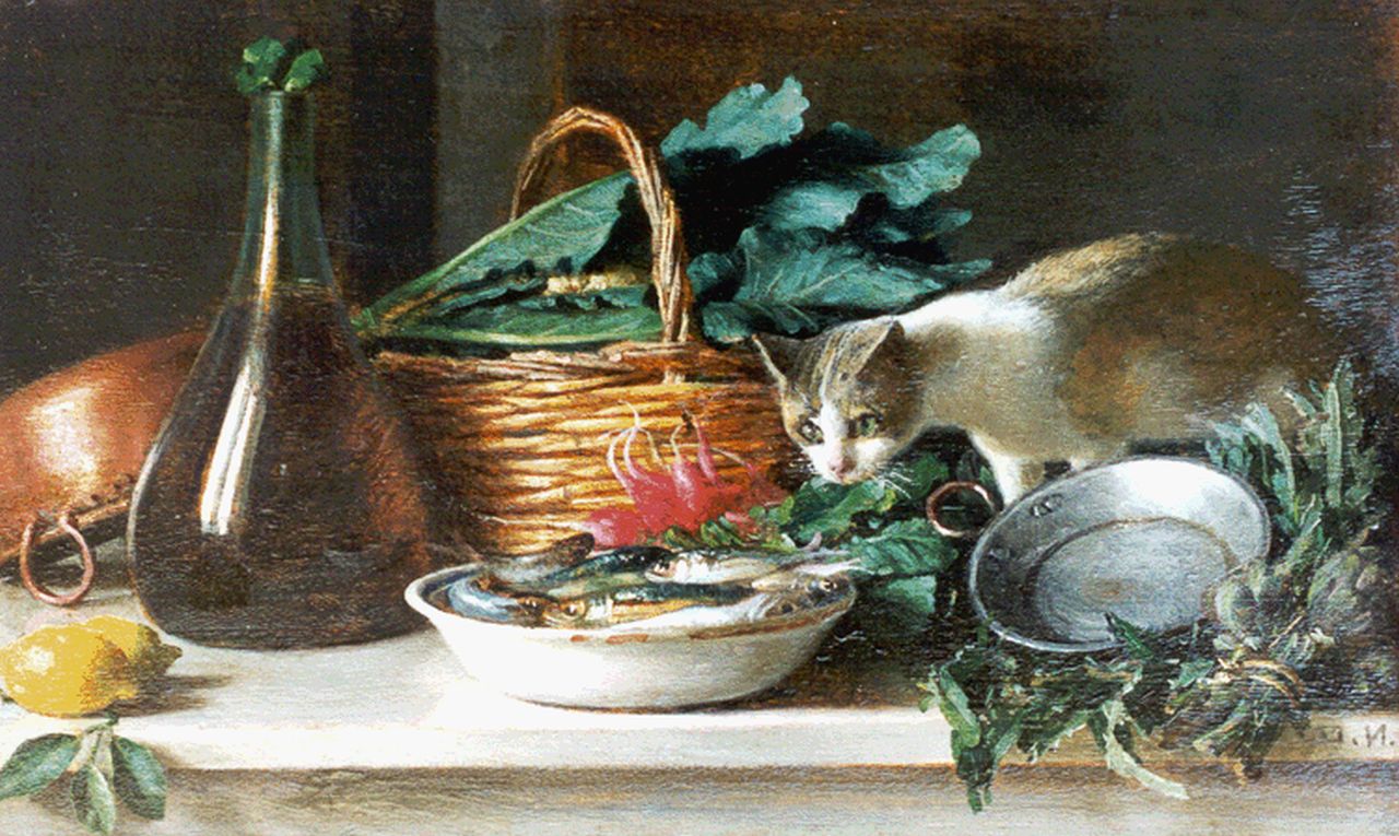 Italiaanse School, impressionisme   | Italiaanse School, impressionisme, Stilleven met vis en met kat, Öl auf Holz 17,9 x 30,4 cm, gesigneerd rechtsonder met ini 'H.N.'