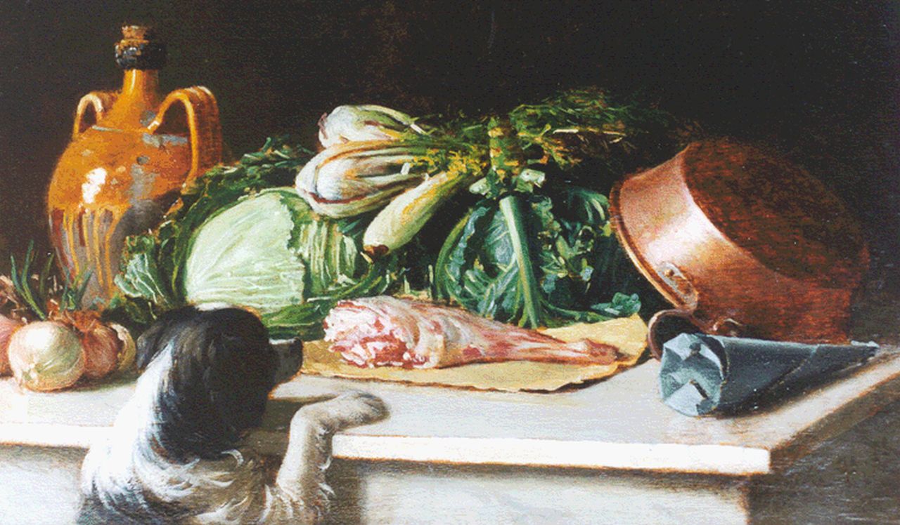 Italiaanse School, impressionisme   | Italiaanse School, impressionisme, Stilleven met vlees en met hond, Öl auf Holz 17,9 x 30,5 cm, gesigneerd rechtsonder met ini 'H.N.'