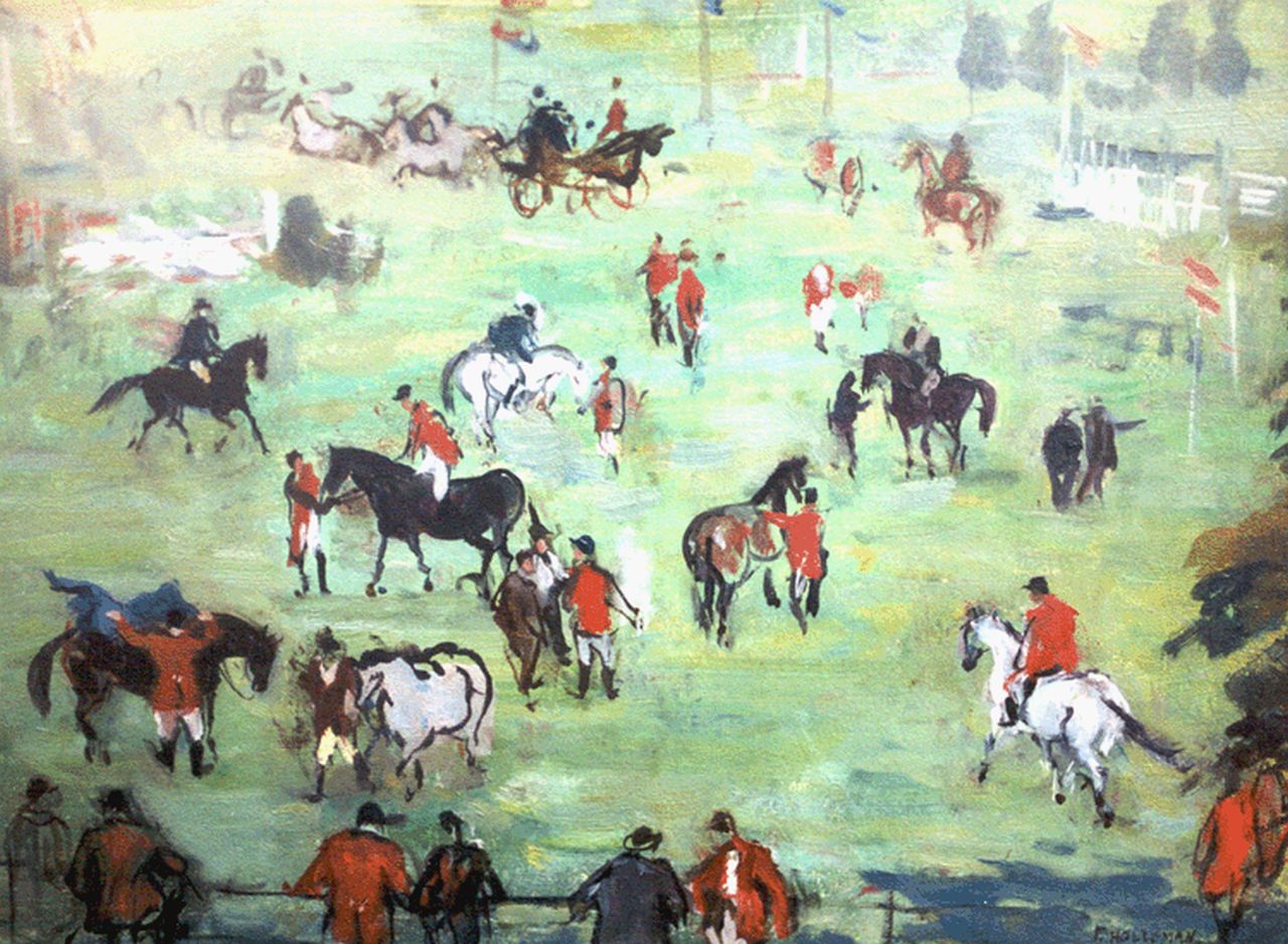 Holleman F.  | Frida Holleman, Horsemen and horses, Öl auf Malereifaser 30,0 x 40,0 cm, signed l.r.