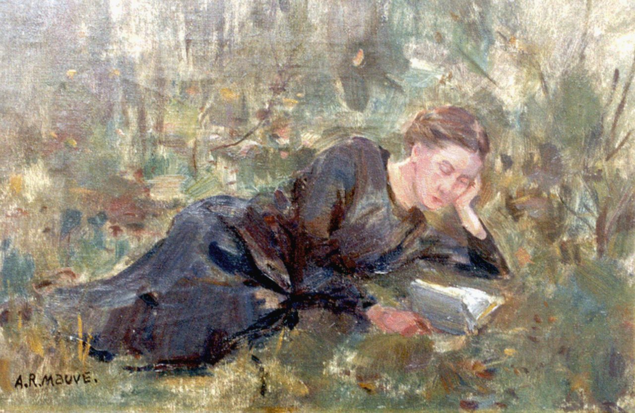 Mauve jr. A.R.  | Anton Rudolf Mauve jr., Mrs. Mauve-Langhout reading a book, Öl auf Leinwand 30,7 x 45,7 cm, signed l.l.