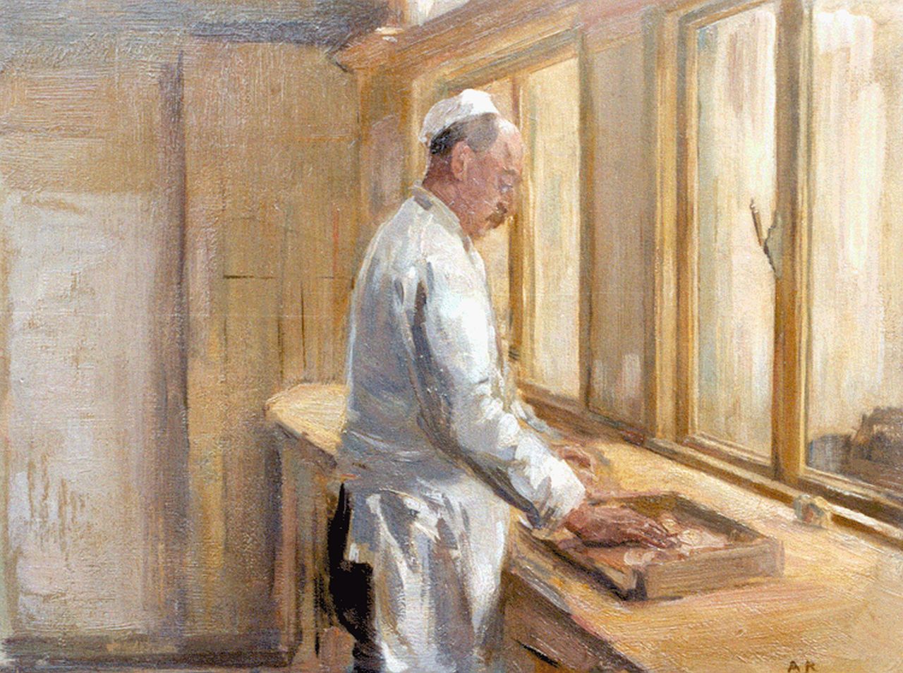 Mauve jr. A.R.  | Anton Rudolf Mauve jr., Baker Carbonel at work, Öl auf Holz 27,0 x 35,1 cm, signed l.r. with initials
