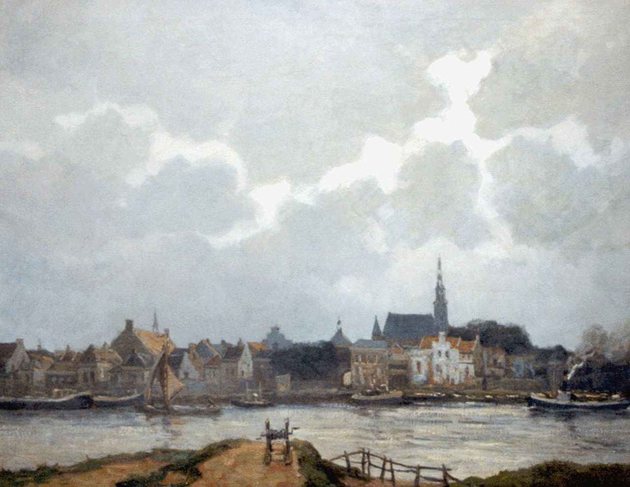 Waning G.M.W.F. van | Gijsbertus Martinus Wilhelmus Franciscus 'Martin' van Waning, A Dutch town along a waterway, Öl auf Leinwand 80,5 x 100,2 cm, signed l.r.